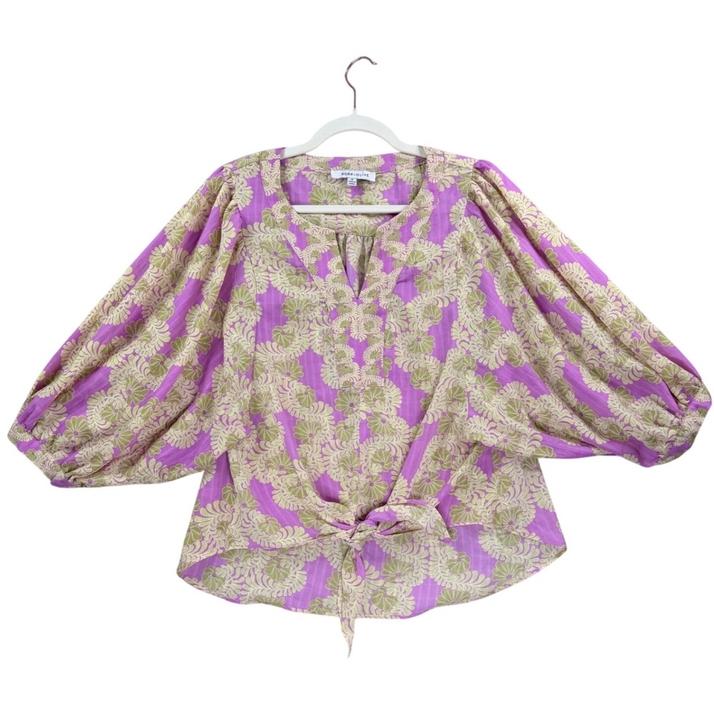 Rose + Olive Blouse Womens Medium Purple Green Floral Tie Front Balloon Sleeve
